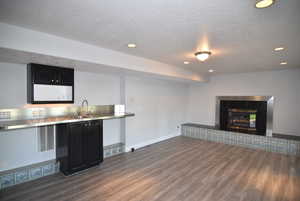 Bar area featuring dark cabinets, a textured ceiling, dark wood-type flooring, a tiled fireplace, and recessed lighting
