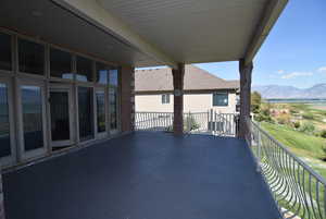 View of patio / terrace with a mountain view