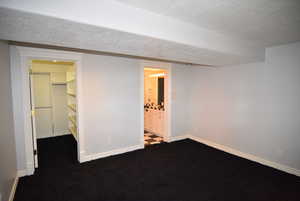 Below grade area featuring a textured ceiling and dark colored carpet