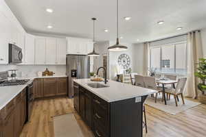 Kitchen featuring stainless steel appliances, hanging light fixtures, light wood finished floors, a center island with sink, and recessed lighting
