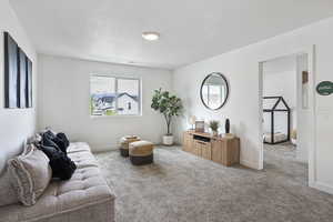 Living area featuring carpet and a textured ceiling