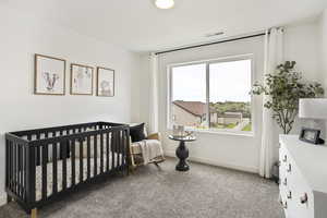 Bedroom with a crib and light colored carpet