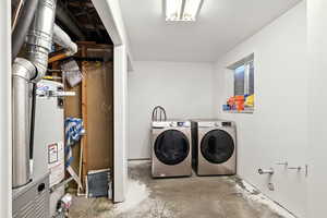 Laundry room with secured water heater and washer and dryer