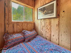 Living area featuring wooden walls