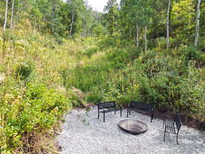 View of community featuring an outdoor fire pit and a view of trees