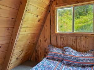 Carpeted bedroom with wood walls and a baseboard heating unit