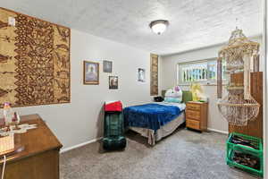 Bedroom featuring a textured ceiling and carpet