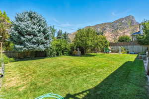 Fenced backyard featuring a playground
