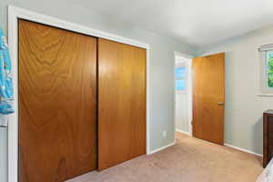 Unfurnished bedroom featuring a closet, multiple windows, and light carpet