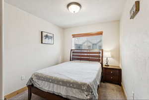 Bedroom with a textured wall and carpet flooring