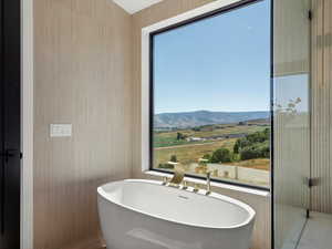 Full bathroom featuring a freestanding bath and a mountain view