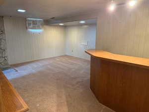 Indoor dry bar with light carpet, wooden walls, and light countertops