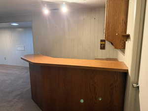 Indoor dry bar with wood walls, dark carpet, light countertops, track lighting, and brown cabinetry