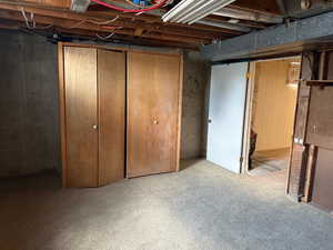 Unfinished basement featuring light carpet