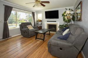 Living area with ornamental molding, a fireplace with flush hearth, light wood-style floors, and a ceiling fan