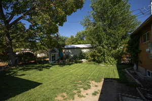 View of grassy yard featuring an outdoor structure