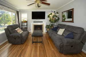 Living room with crown molding, a fireplace with flush hearth, wood finished floors, and ceiling fan