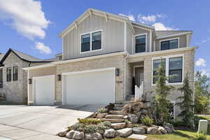 Natural stone staircase framed by beautiful landscape selections.