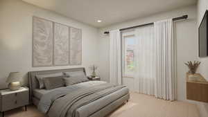 Bedroom with light colored carpet and recessed lighting