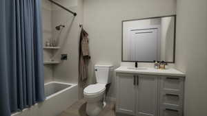 Full bathroom with vanity, shower / bath combo, and wood finished floors