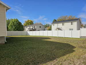 Fenced backyard with a residential view