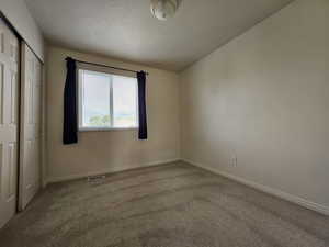 Unfurnished bedroom featuring carpet floors, a closet, and a textured ceiling