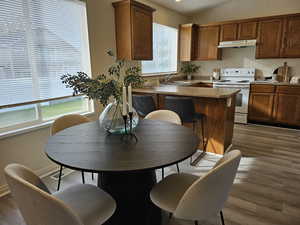 Kitchen featuring white range with electric cooktop, dark wood-style floors, vaulted ceiling, a peninsula, and under cabinet range hood