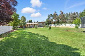 Fenced backyard with a trampoline and a patio