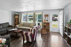 Living area with a textured ceiling and dark wood-style flooring