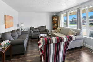 Living area featuring dark wood-style flooring and a textured ceiling
