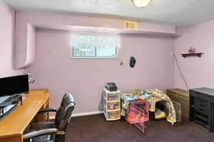 Home office with dark colored carpet and a textured ceiling