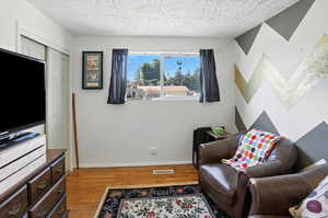 Living area with light wood finished floors and a textured ceiling