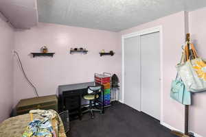 Home office with dark carpet and a textured ceiling