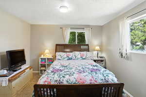 Carpeted bedroom featuring baseboards and a textured ceiling