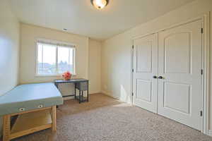 Home office with light colored carpet and baseboards - Or a Bedroom