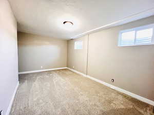 Basement featuring baseboards and light colored carpet