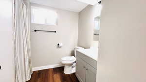 Bathroom with vanity, dark wood-type flooring, and a shower with curtain