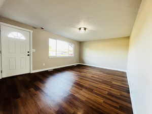 Foyer entrance with a textured ceiling and dark wood-type flooring