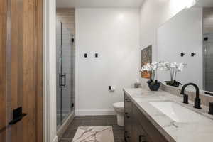 Full bathroom featuring vanity and a shower stall