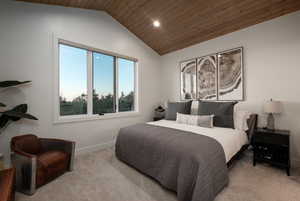 Bedroom featuring vaulted ceiling, wooden ceiling, carpet floors, and recessed lighting