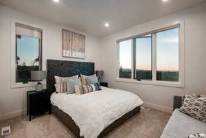 Carpeted bedroom featuring baseboards and recessed lighting