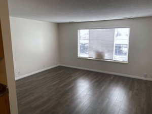 Empty room featuring a textured ceiling, plenty of natural light, and dark wood-type flooring