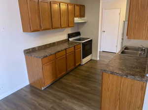 Kitchen featuring white range with electric stovetop, dark wood-style flooring, dark countertops, brown cabinetry, and under cabinet range hood