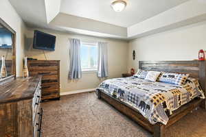 Bedroom featuring a tray ceiling, carpet, and a textured ceiling