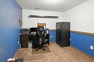 Office area with carpet and a textured ceiling