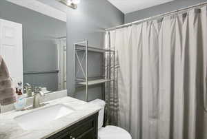 Full bathroom with vanity and a shower with curtain