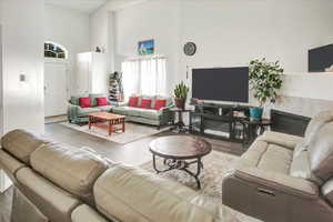 Living area featuring a high ceiling and wood finished floors