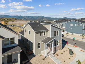 Aerial view of residential area with mountains