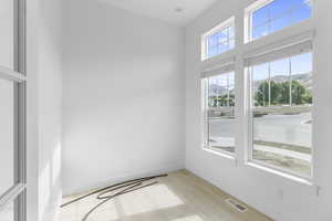 Unfurnished room with a mountain view and light wood-type flooring