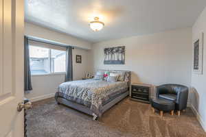 Bedroom with carpet floors and a textured ceiling